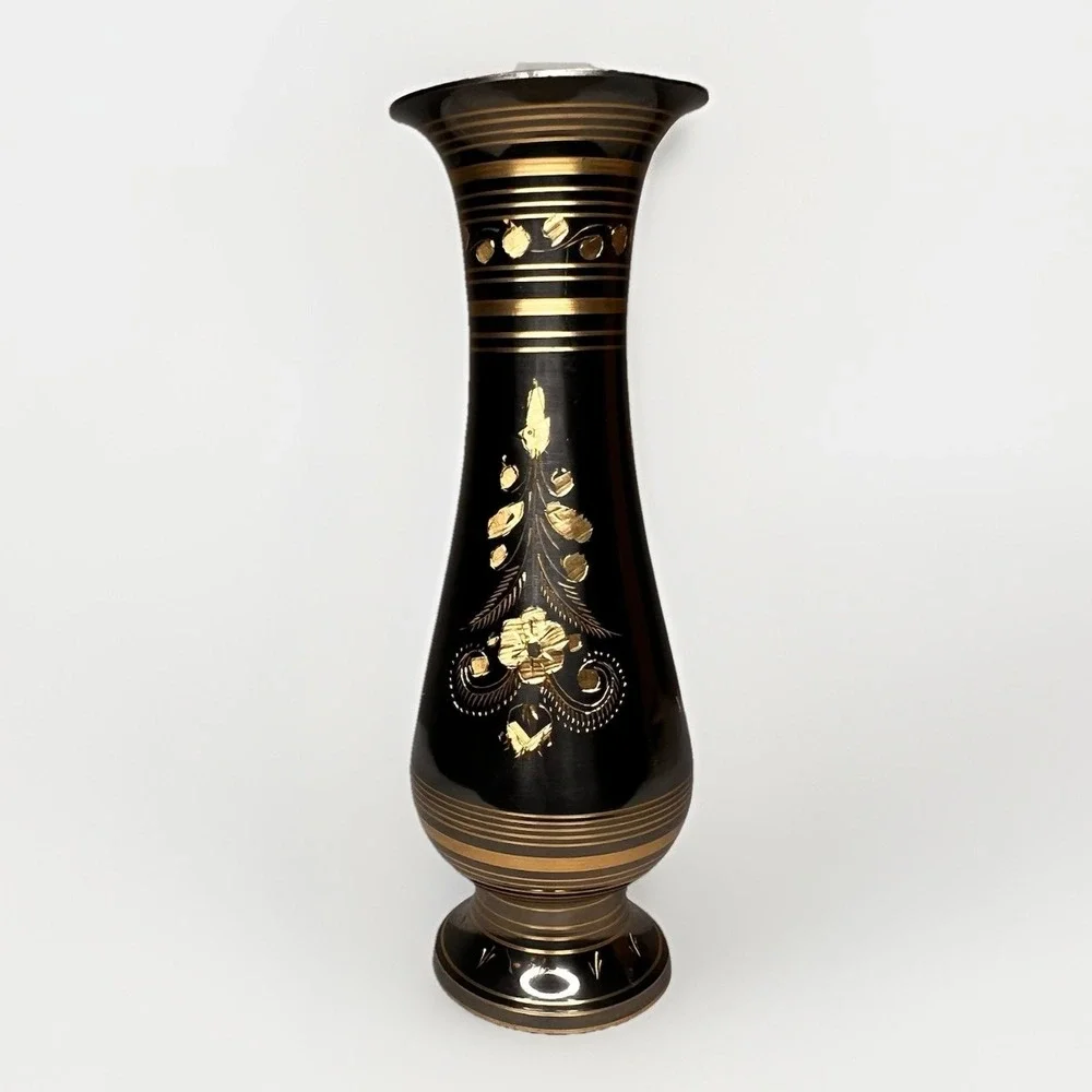 Vintage Black Glass Vase Gold Floral Etched Decor‎ 9